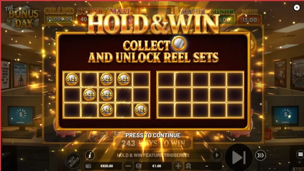 Tampilan visual slot The Bonus Day dengan tema kantor dan fitur bonus yang menarik
