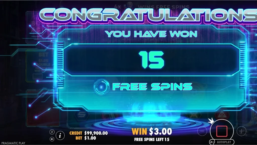 Tampilan visual futuristik slot Crypto Genesys dengan latar belakang kota cyberpunk.