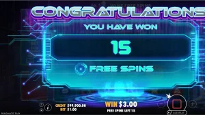 Tampilan visual futuristik slot Crypto Genesys dengan latar belakang kota cyberpunk.